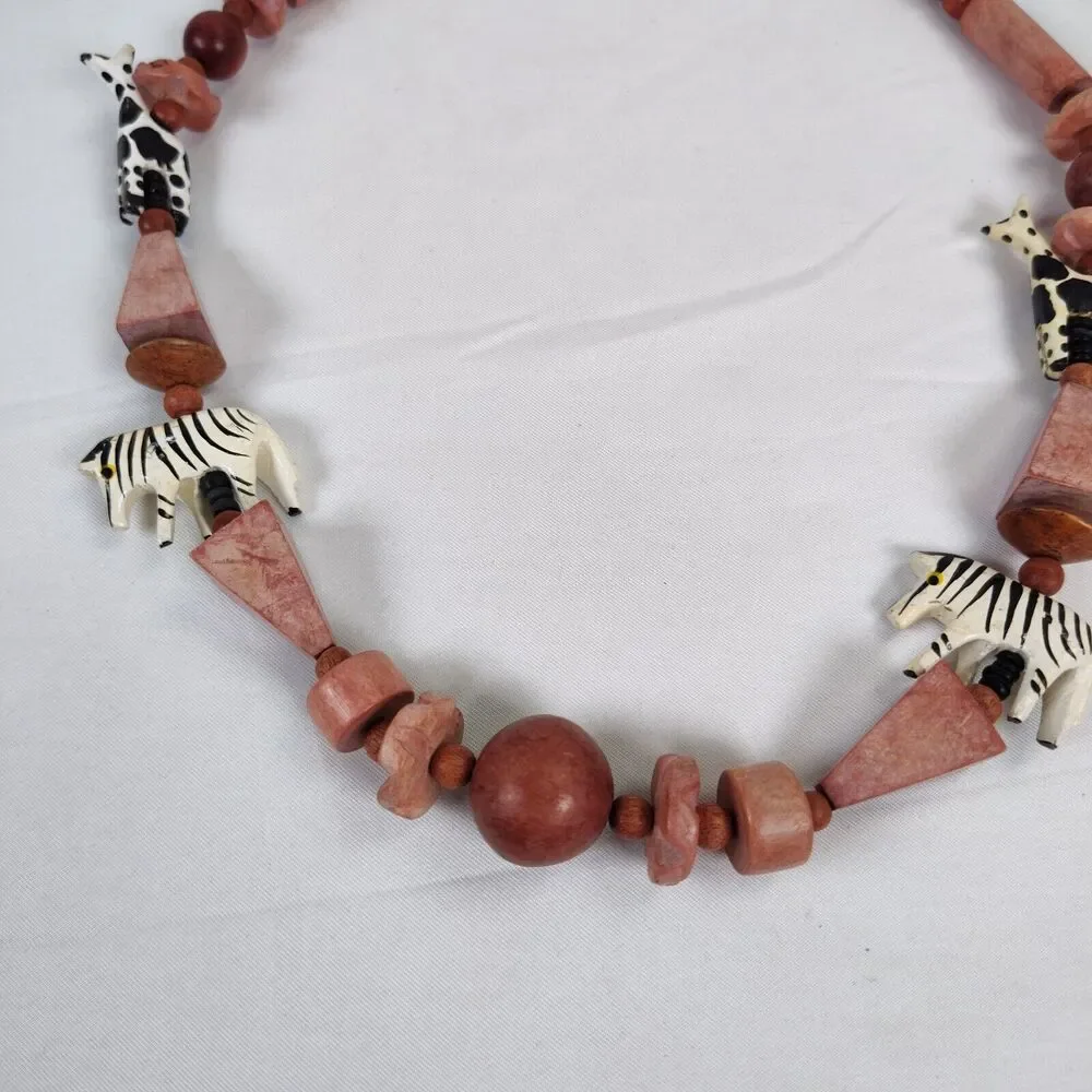Vintage Carved Wood Chunky Necklace 26in Zebra Giraffe African Safari